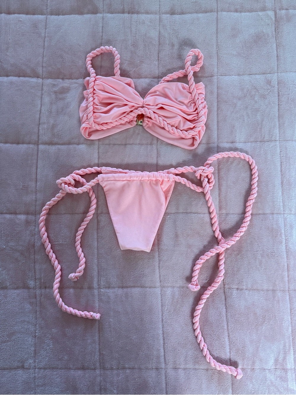 Braided Rope Strap Pink Bikini Set - Women's Swimwear